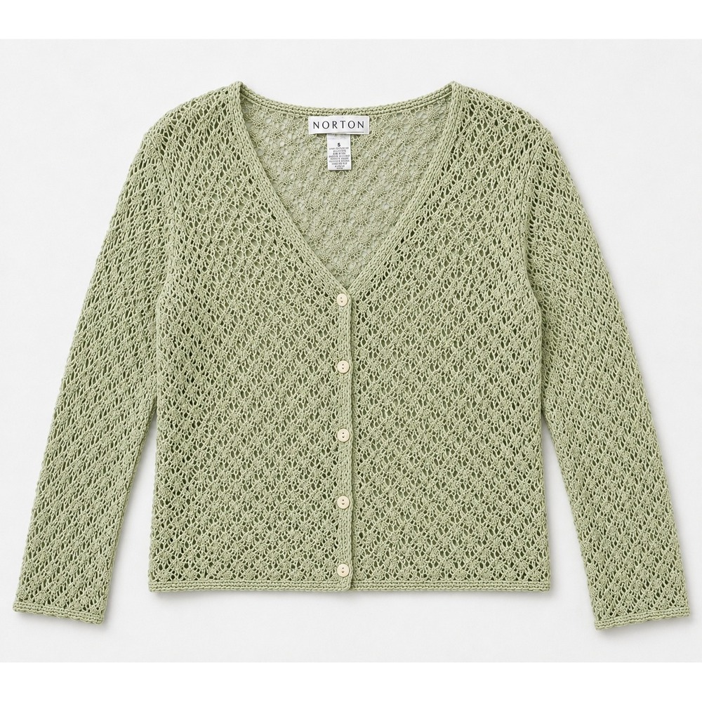 Norton Studio Sage Green Open Knit Crochet Button Front Cardigan Sweater S